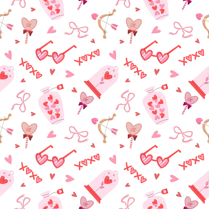 Pattern with Cute Valentine's Day Icons & Playful Heart Motifs seamless PBR texture preview