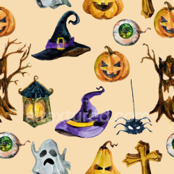 seamless Seamless 3D PBR Watercolor Halloween Fabric Texture with Pumpkins and Witch Hats texture 8k free download PBR