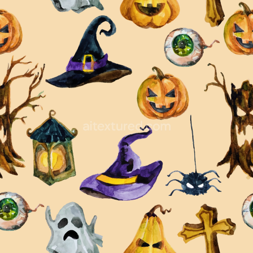 Seamless 3D PBR Watercolor Halloween Fabric Texture with Pumpkins and Witch Hats