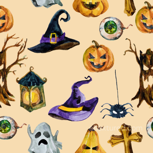 Watercolor Halloween Fabric Texture with Pumpkins and Witch Hats seamless Watercolor Halloween PBR texture