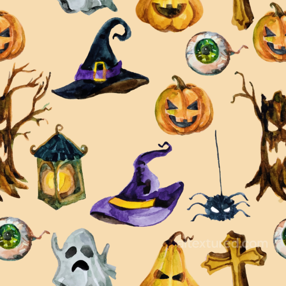 Watercolor Halloween Fabric Texture with Pumpkins and Witch Hats Watercolor Halloween texture preview
