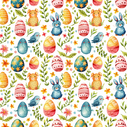 Seamless 3D PBR Texture of Colorful Easter Watercolor Eggs & Bunny Pattern