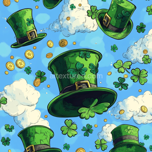 Seamless 3D PBR Texture Featuring St Patrick Green Hats and Shamrocks on Blue Background
