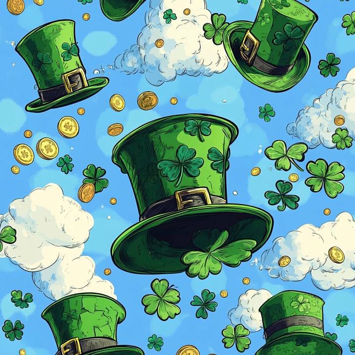 Featuring St Patrick Green Hats and Shamrocks on Blue Background seamless PBR texture preview