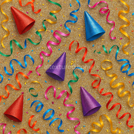 Seamless 3d texture pbr 8k glitter party hats and ribbons for new year