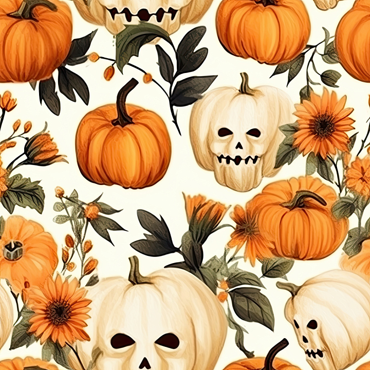 Watercolor Halloween with Pumpkins, Skulls & Flowers seamless PBR texture preview