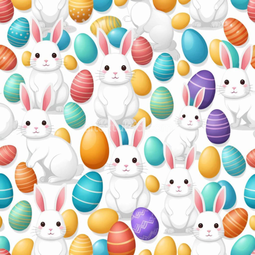 Seamless 3D PBR Texture of Cute White Easter Bunnies with Colorful Painted Eggs