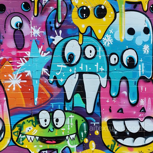 Seamless 3D PBR texture featuring vivid cartoon-style graffiti with playful monsters texture preview