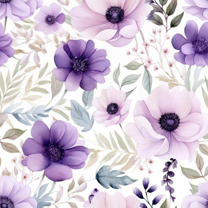 Soft Purple Flower Floral Pattern with Delicate Leaves seamless PBR texture preview