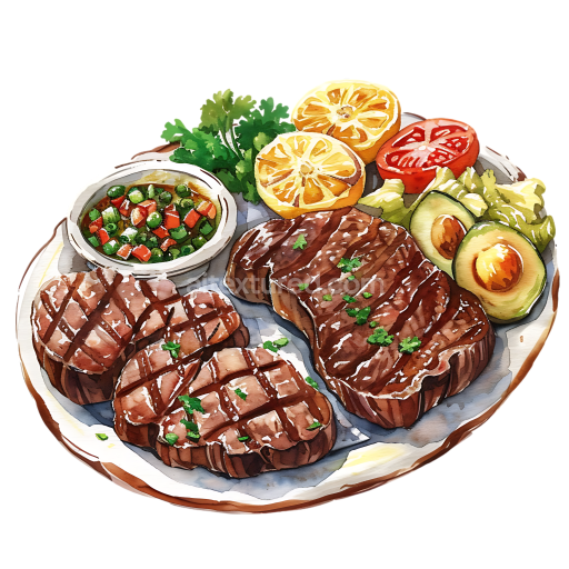 Breakfast Steak Platter with Grilled Meat, Lime, Avocado, and Fresh Salad Illustration