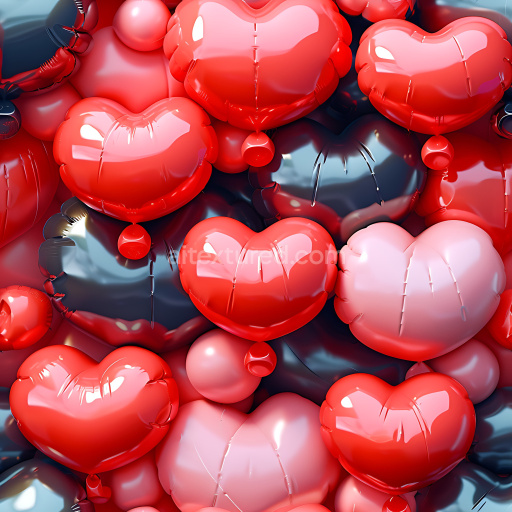 Seamless 3D Inflated PBR Texture Featuring Glossy Heart-Shaped Balloons in Red, Pink, and Black