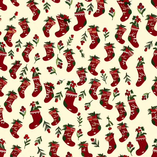 Seamless 3D PBR Texture of Red Christmas Stockings with Holly and Evergreen Pattern