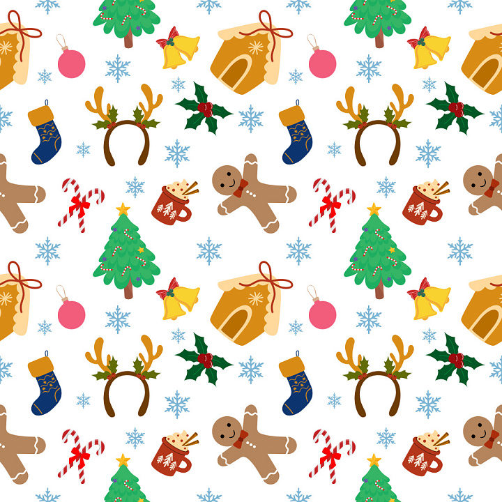 Pattern Featuring Cute Christmas Icons in Bright Colors seamless PBR texture preview