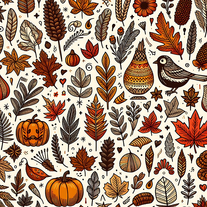 Featuring Hand-Drawn Thanksgiving Leaves and Pumpkins seamless PBR texture preview