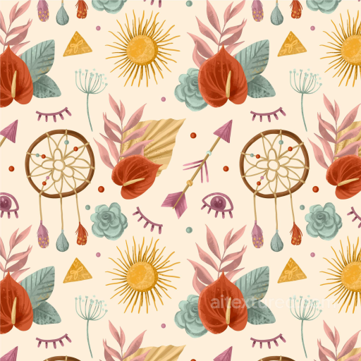 Boho Texture Featuring Floral and Dreamcatcher Elements seamless Boho Seamless PBR texture