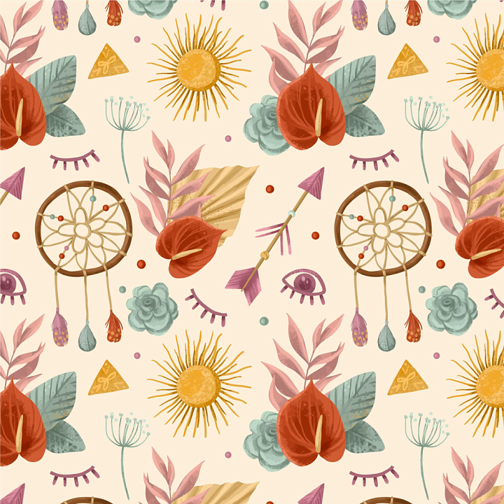 Boho Featuring Floral and Dreamcatcher Elements seamless PBR texture preview