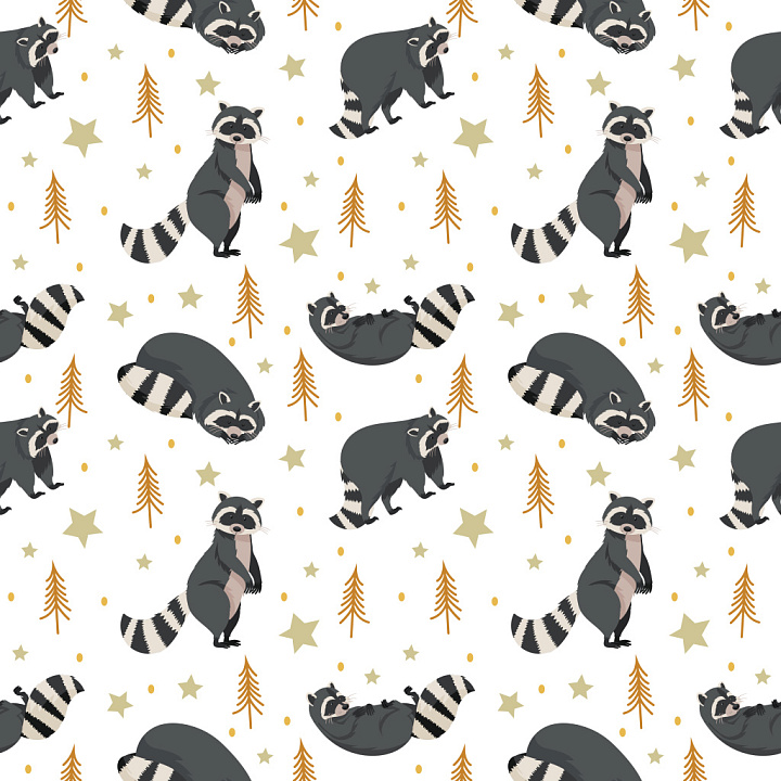 Pattern Featuring Playful Raccoon Motifs with Star and Tree Accents seamless PBR texture preview