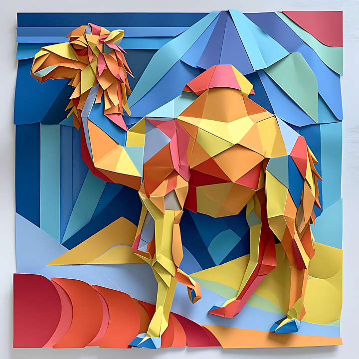 Origami-Style Bactrian Camel in Bright Multi-Colors seamless PBR texture preview