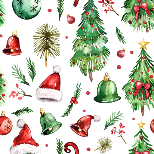 Watercolor Christmas Pattern Texture with Festive Trees and Decorations seamless Watercolor Christmas PBR texture