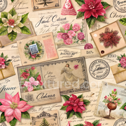seamless Seamless 3D PBR Texture of Vintage Christmas Paper Collage with Floral Motifs texture 8k free download PBR