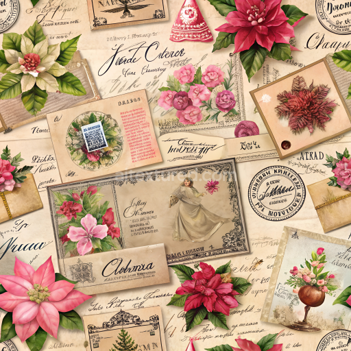 Seamless 3D PBR Texture of Vintage Christmas Paper Collage with Floral Motifs