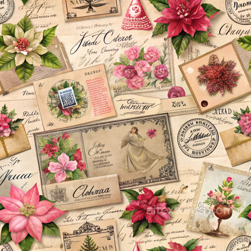 Christmas Vintage Texture of Vintage Christmas Paper Collage with Floral Motifs seamless Christmas vintage PBR texture