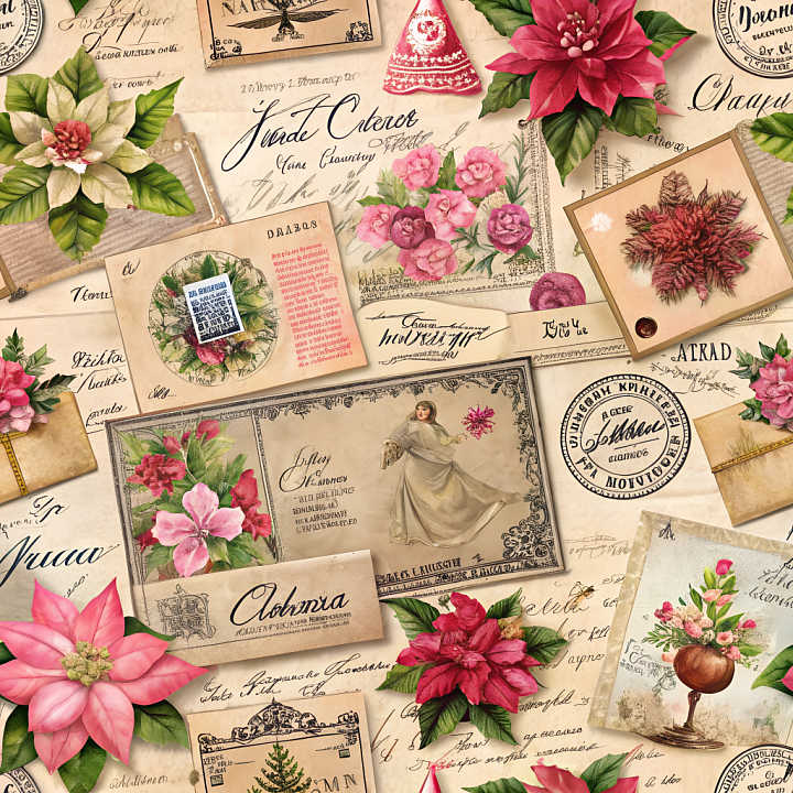 Christmas Vintage of Vintage Christmas Paper Collage with Floral Motifs seamless PBR texture preview