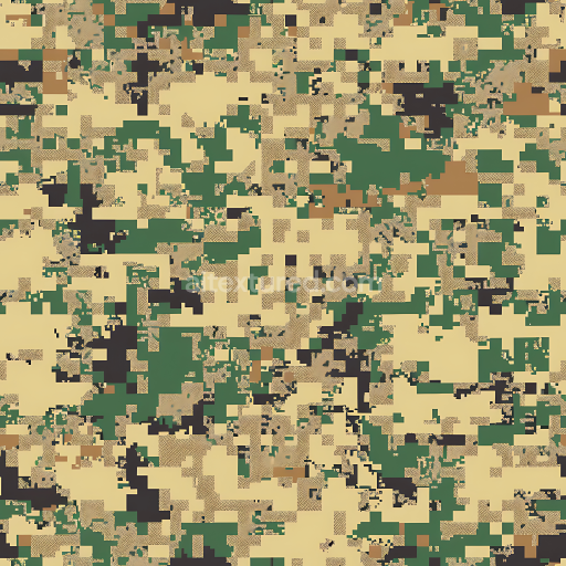 Seamless 3D Digital Desert Camouflage PBR Texture with Pixelated Blocks and Earthy Palette