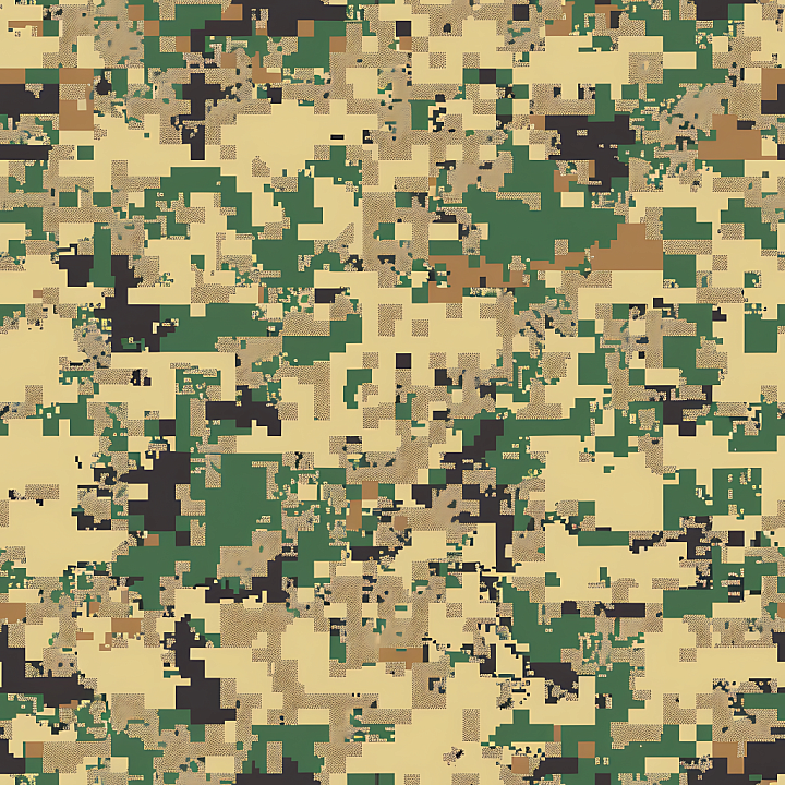 Digital Desert Camouflage with Pixelated Blocks and Earthy Palette seamless PBR texture preview