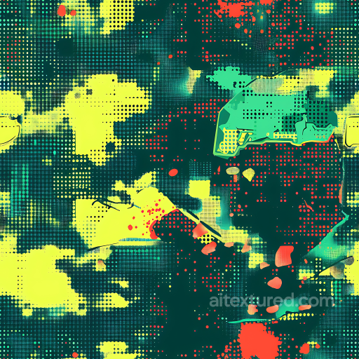 Stylized Pixelated Camouflage PBR Texture with Bright Halftone Dot Pattern seamless Color Camouflage PBR texture
