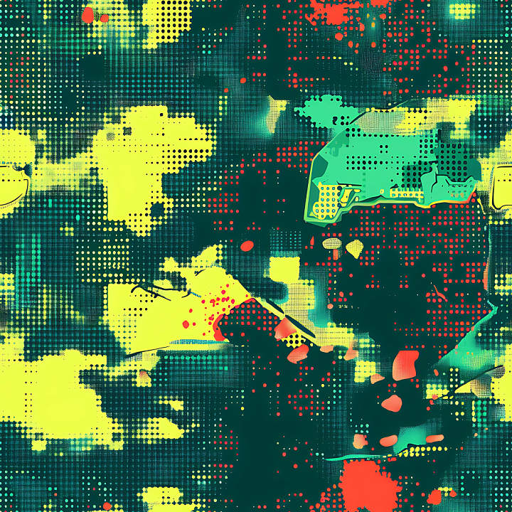 Stylized Pixelated Camouflage with Bright Halftone Dot Pattern seamless PBR texture preview