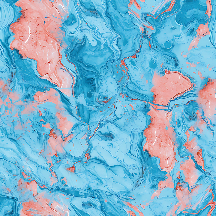 Marble with Vivid Baby Blue and Coral Swirls seamless PBR texture preview