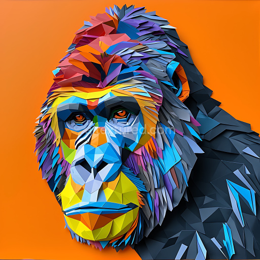 Seamless 3D PBR Texture Featuring Vibrant Low-Poly Gorilla Face with Multicolor Facets