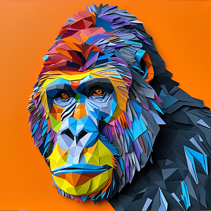 Featuring Vibrant Low-Poly Gorilla Face with Multicolor Facets seamless PBR texture preview
