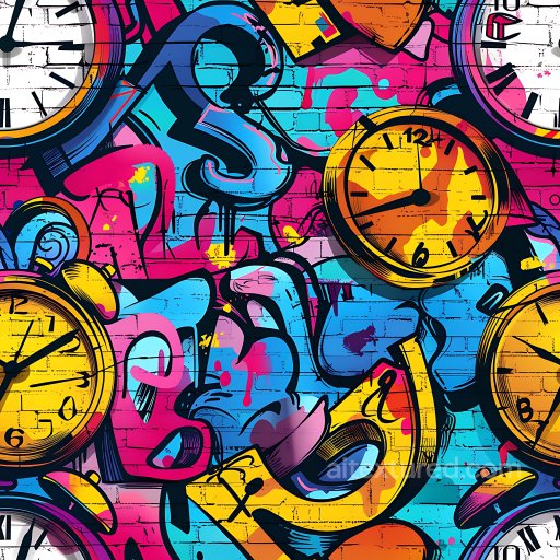 Seamless 3D PBR Texture Featuring Vibrant Graffiti Clocks on Brick Wall texture preview