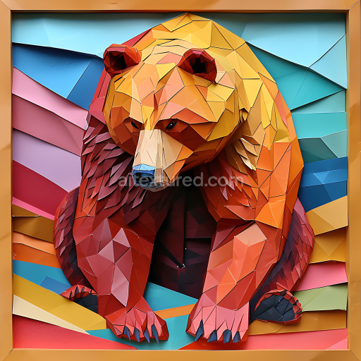 Seamless 3D PBR Texture Featuring Origami-Style Brown Bear with Geometric Color Patches