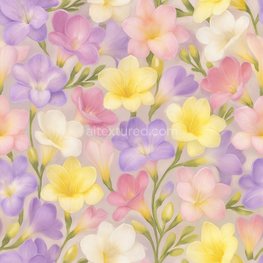 Seamless 3d texture pbr 8k of fresh freesia sprays showing flower translucency and delicate texture details