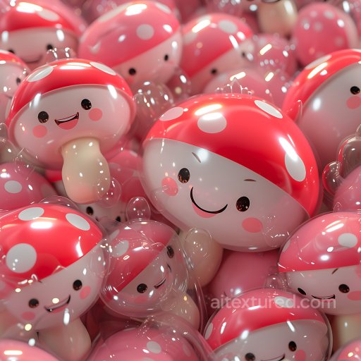 Inflated PBR Texture Featuring Glossy Red and White Cartoon Mushrooms seamless Inflated PBR texture