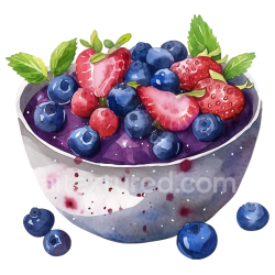 seamless Watercolor Acai Berry Bowl Breakfast Graphic with Strawberries and Blueberries texture 8k free download PBR