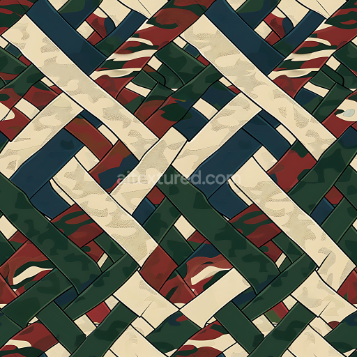 Seamless 3D Woodland Camouflage PBR Texture with Interwoven Pattern and Muted Earth Tones