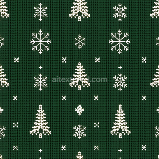 Seamless 3D PBR Texture of Green Knitted Fabric with White Christmas Motifs
