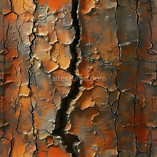 Seamless 3D PBR cracked rusty metal texture with deep fractures and vivid orange patina