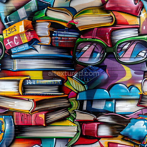 Seamless 3D PBR Graffiti Texture Featuring Stacked Books and Green Glasses on Brick Wall