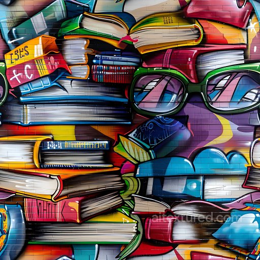 Seamless 3D PBR Graffiti Texture Featuring Stacked Books and Green Glasses on Brick Wall texture preview