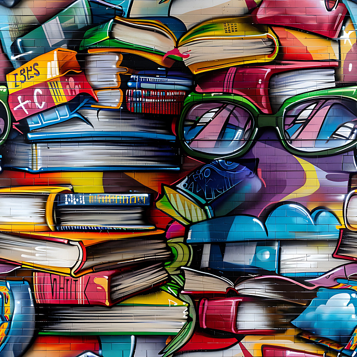 Graffiti Featuring Stacked Books and Green Glasses on Brick Wall seamless PBR texture preview