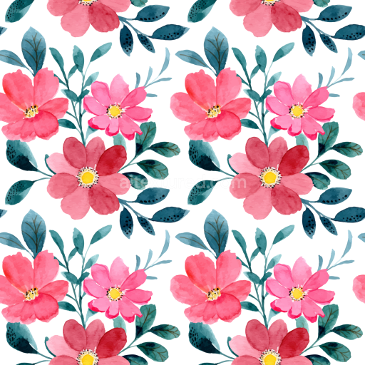 Seamless 3D PBR Floral Watercolor Fabric Texture with Pink Flowers and Blue Leaves