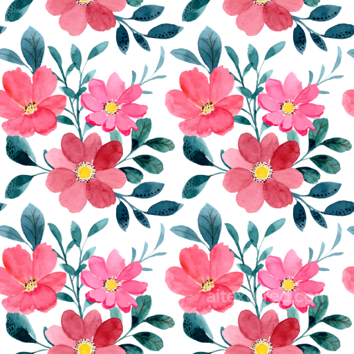 Floral Watercolor Fabric Texture with Pink Flowers and Blue Leaves seamless Pink Flower PBR texture