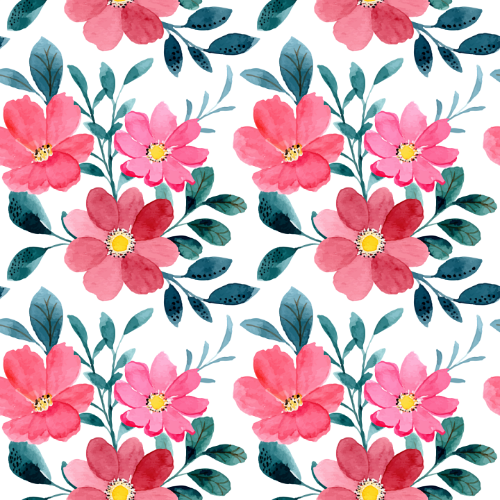 Floral Watercolor Fabric with Pink Flowers and Blue Leaves seamless PBR texture preview
