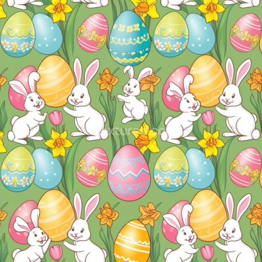 Seamless 3D PBR Easter Digital Paper Texture with Rabbits & Decorated Eggs