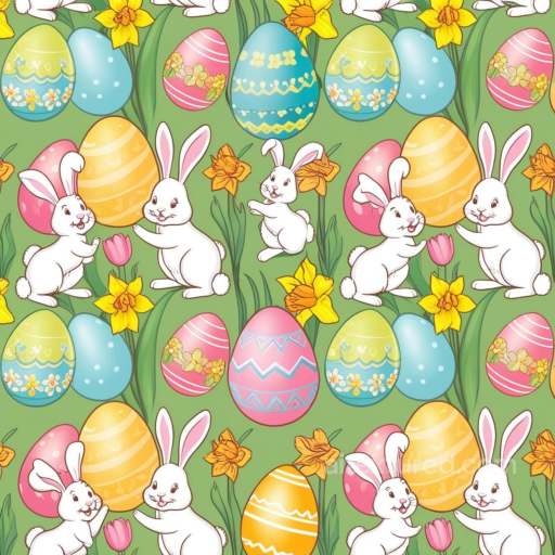 Easter Digital Paper Texture with Rabbits & Decorated Eggs seamless All Easter Digital paper PBR texture